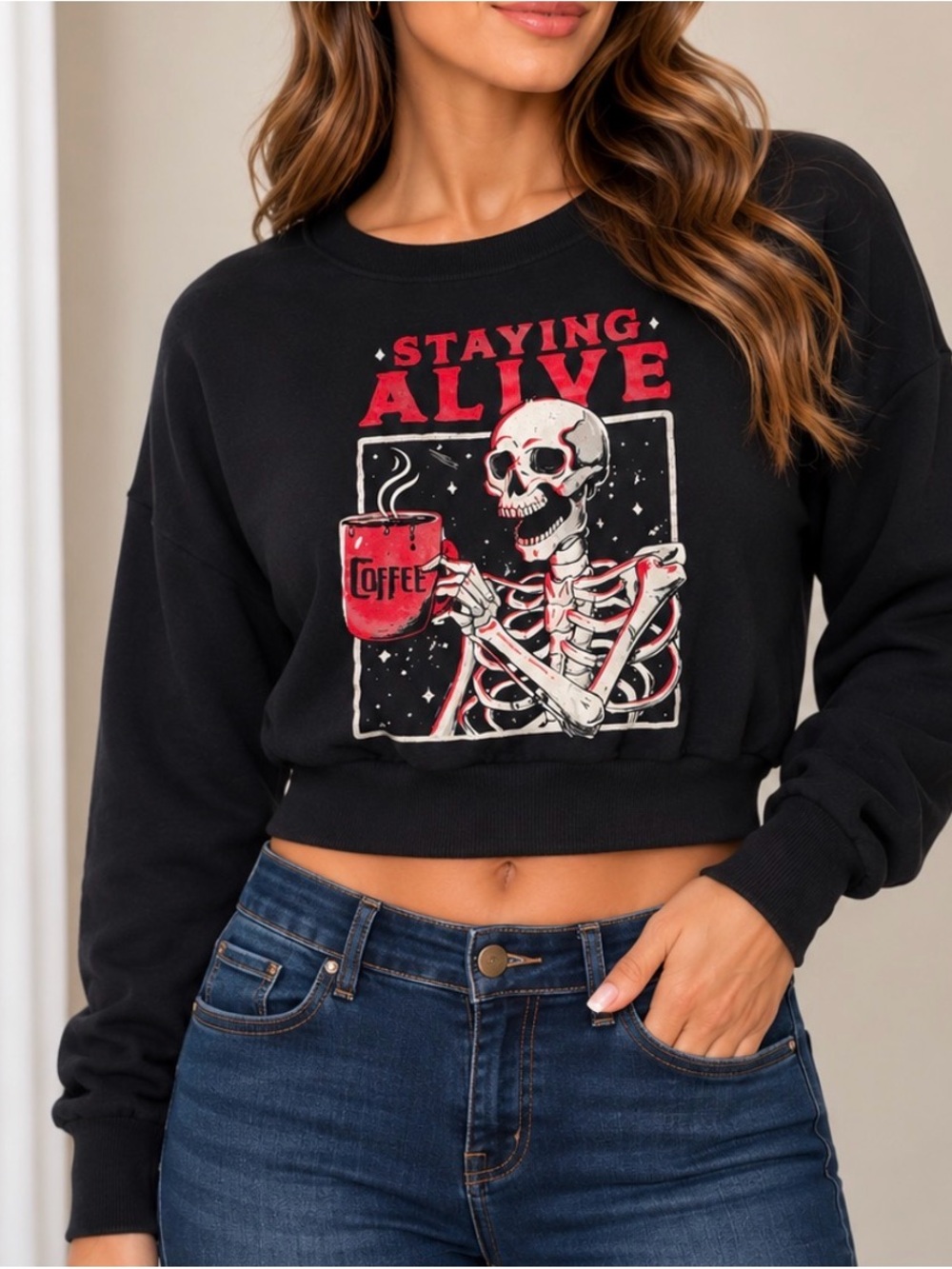 Black 'Staying Alive' Graphic Sweatshirt with Skeleton Coffee Design SZ LG